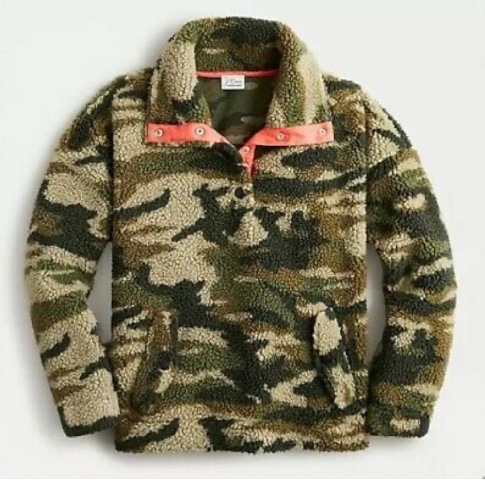 J. Crew Vintage Sherpa Fleece Pullover Jacket Camo Camouflage Olive Army Green - Picture 3 of 16